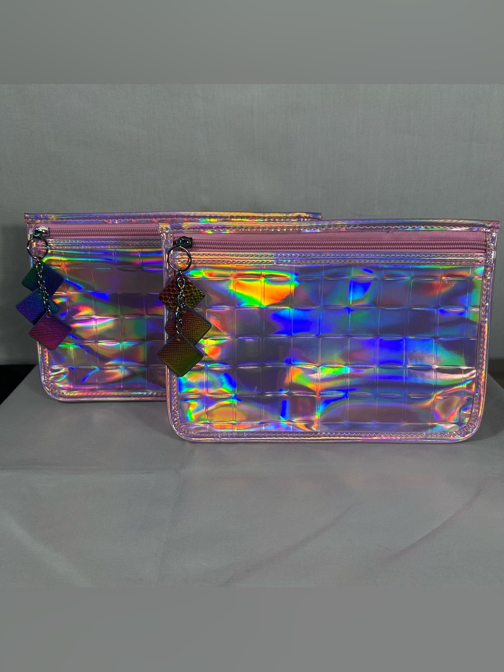 Lot Of 2 Holographic Makeup Organizer Bag Cosmetic Pouch Clutch Travel Toiletry